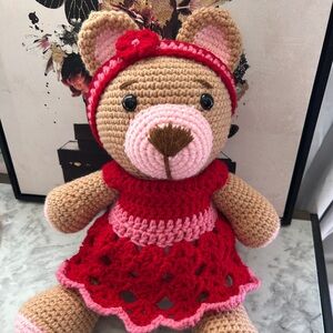 Teddy Bear with Red and Pink Crochet Baby Dress with Headband